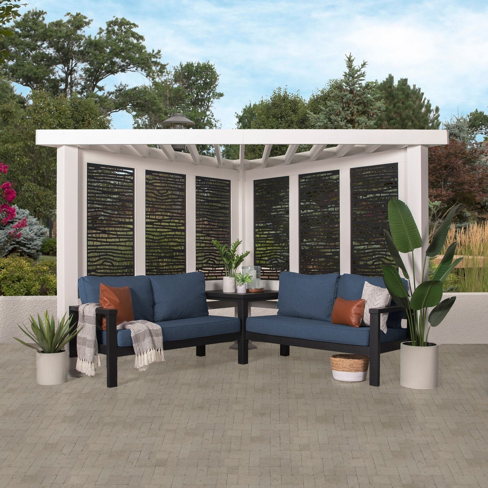 P1AModernWhiteIndigo-1-1.jpg Ridgedale Modern Steel Cabana Pergola with Conversational Seating - Image 1